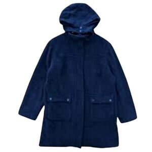 Vtg LL Bean Coat 100% Lambswool Medium Petite Dark NAVY Lined Pea coat Hood Flaw